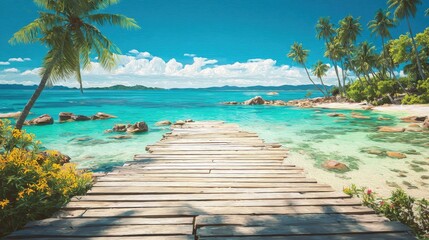 Fototapeta premium A serene beach scene featuring a wooden pier extending into clear turquoise waters and lush palm trees.
