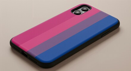 A close-up view of a smartphone encased in a protective cover featuring the vibrant pink, purple, and blue horizontal stripes of the bisexual pride flag, resting on a neutral surface.