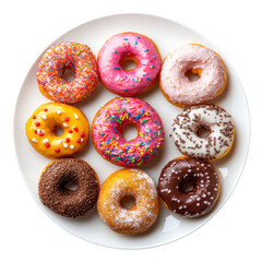 Colorful Assorted Donuts on a White Plate, Perfect for Sharing, Celebrations, or Treats on transparent background