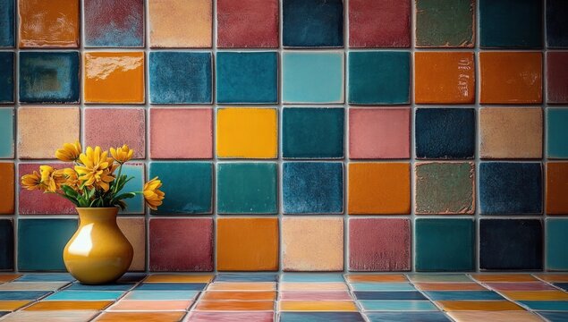 Bright yellow flowers in a round vase placed on colorful tiled surface with a vibrant multicolored tiled wall background creating a cheerful and artistic atmosphere