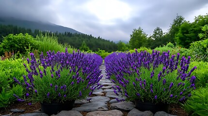 Fototapeta premium there are two potted plants in the middle of a stone path