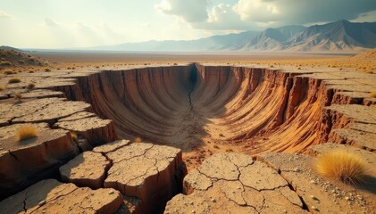 A cracked earth landscape after a devastating global earthquake Deep fissures and dust cover the barren ground , rough, desolate