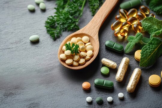 Wooden spoon filled with round yellow tablets surrounded by various pills, capsules, and green herbs on a textured gray surface, representing natural and pharmaceutical health supplements - Powered by Adobe