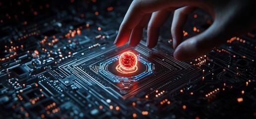 Close-up of a hand interacting with a glowing red digital sphere on a futuristic microchip circuit board with blue and orange illuminated pathways