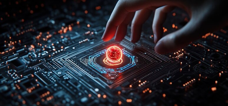 Close-up of a hand interacting with a glowing red digital sphere on a futuristic microchip circuit board with blue and orange illuminated pathways - Powered by Adobe
