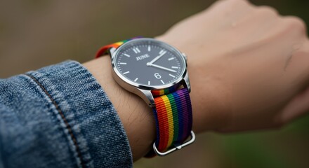 Close-up of a person's wrist adorned with a stylish analog watch featuring a vibrant rainbow-colored fabric strap, complemented by a denim jacket sleeve.