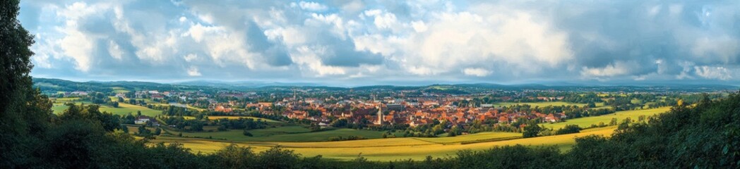 Obraz premium panoramic view of a countryside town surrounded by green fields and rolling hills under a partly cloudy blue sky