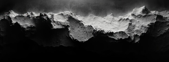 High contrast black and white image of a rough, jagged mountain range with textured rocky peaks and misty atmosphere above dark valley