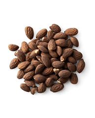 Obraz premium Realistic and artistic representations of almonds, almond farming, processing, and almond-based products like milk, butter, and oil isolated on a white background.
