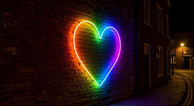 A vibrant rainbow-colored neon heart sign glows brightly on a weathered brick wall along a dark, narrow city street at night. - Powered by Adobe