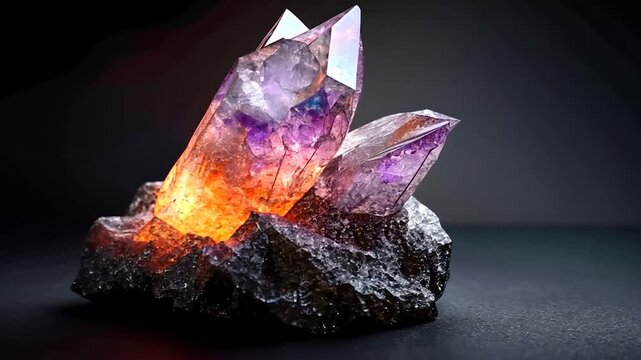Illuminated crystal formations against a dark backdrop highlighting vibrant purples and oranges on a rough black stone base