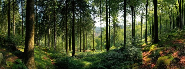 Sunlit Lush Forest With Tall Trees