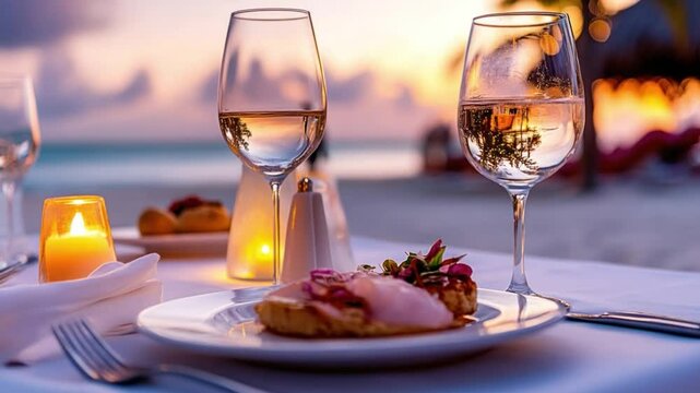 Romantic beach dinner setting at sunset with gourmet food, wine glasses, and warm candlelight ambiance