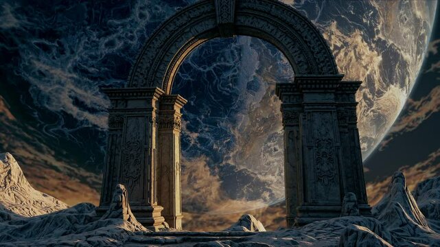 Ancient stone archway on alien terrain with massive planet backdrop &mdash; great for sci-fi book art, game environment design, or fantasy worldbuilding.