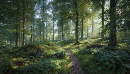 Fototapeta premium Sunlit Forest Pathway Through Lush Undergrowth