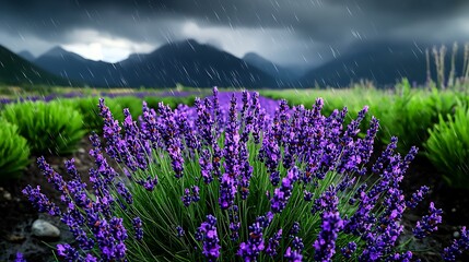 Obraz premium there is a field of purple flowers in the rain with mountains in the background