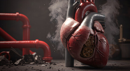 close up 3D Metallic Heart Steampunk Heart Gear Mechanism in Dark Smoky Setting with tubes, core of industry factory background center