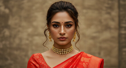 Portrait of a blonde European young Woman with Freckles Wearing a reddish Sari and Gold Jewelry