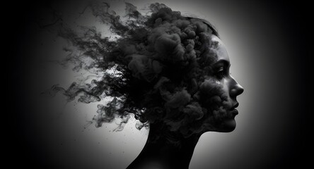 Abstract image of a person's profile with the head disintegrating into particles
