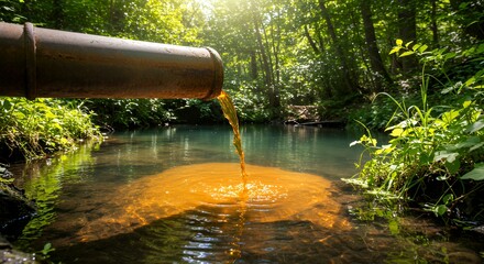 Polluted Water Flowing from Pipe into a Pristine Forest Stream