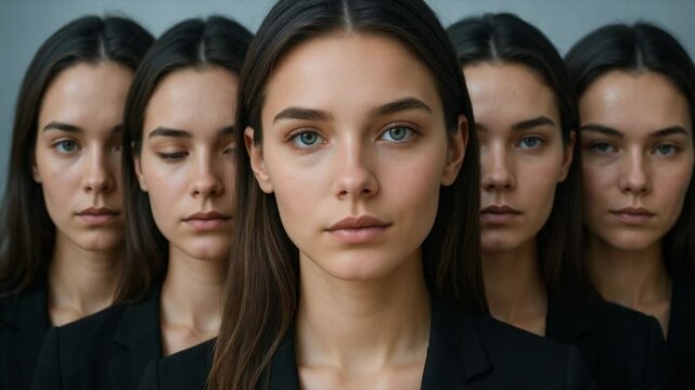 Identical women in black suits standing in formation &mdash; great for identity themes, cloning research ethics, identity theft, sci-fi stories, or psychological drama visuals.