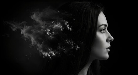 Silhouette side view portrait Dramatic frontal portrait of a humanoid figure crafted from billowing smoke against a black backdrop 