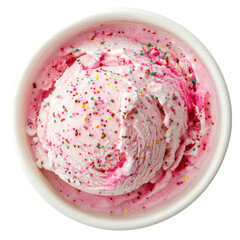 Delicious Pink Ice Cream with Colorful Sprinkles in a White Bowl, Perfect for Summer Treats on transparent background