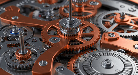 red orange old watch mechanism Close-Up of a Finely Detailed Antique Pocket Watch with Intricate Mechanical Gears and Blue Accents