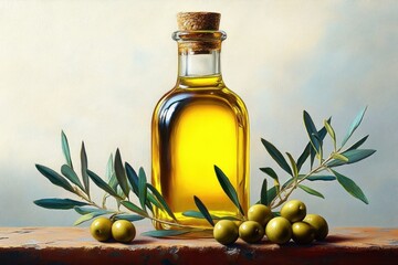 Glass bottle of golden olive oil with cork stopper surrounded by fresh ripe green olives and olive branches on rustic wooden surface