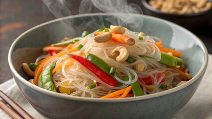 Steaming bowl of asian noodles with vegetables and cashew nuts