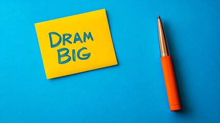 Dream Big Sticky Note Message with Pen on Blue Background Motivational Inspiration Goal Success