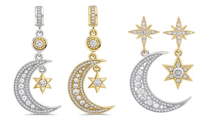 Close up of crescent moon and star earrings in gold and silver