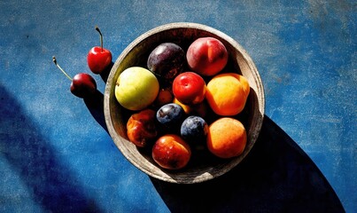Bol de fruits variés sous lumière solaire