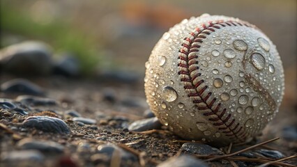 Close up of baseball with water droplets on a rocky surface area
