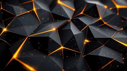 Abstract geometric black polygonal surface with glowing orange lines and small light particles creating futuristic and high-tech appearance