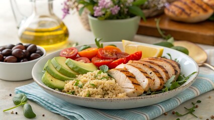 Close up of a healthy chicken salad with avocado and tomatoes