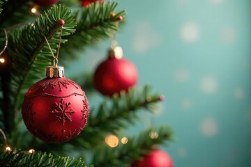 Naklejka premium Festive holiday ornaments hanging on a decorated Christmas tree , ornaments, elegant