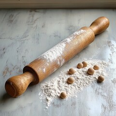Fototapeta premium Wooden rolling pin covered in flour resting on a rustic white wooden surface with small dough balls scattered nearby, evoking a cozy baking atmosphere