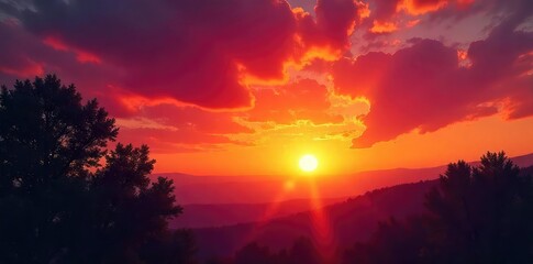 Obraz premium Golden hour sunset, vibrant hues painting the sky with fiery oranges, reds, and purples Silhouette of trees against the breathtaking spectacle of nature's light show , trees, dramatic