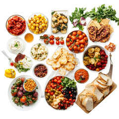 Vibrant Mediterranean Feast with Fresh Vegetables, Breads, and Dips in a Colorful Display on transparent background
