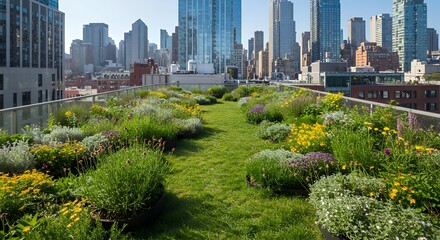Fototapeta premium Rooftop Garden Oasis with Lush Flowers and City Skyline View