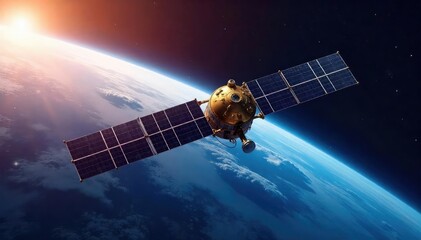 High-definition image of a communications satellite orbiting Earth, against the backdrop of space and the planet's horizon , communication, tracking, space