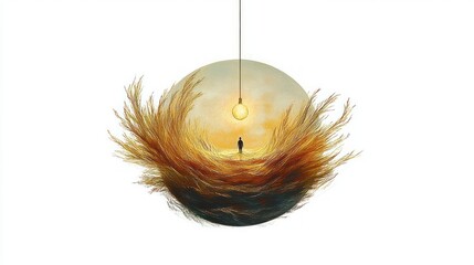 Silhouette of a person standing inside a glowing orb surrounded by swirling golden and brown wispy strands with a hanging light bulb above emitting warm light