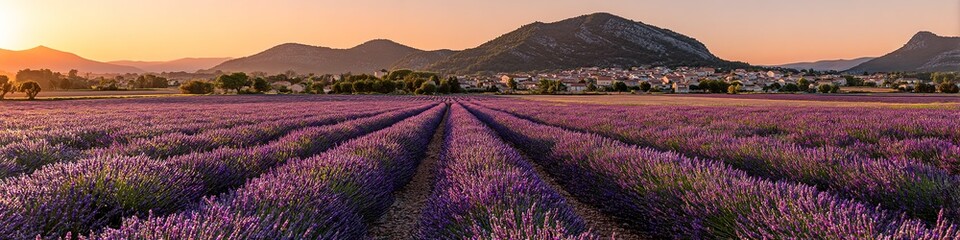 Vast Lavender Field At Sunset With Mountain View