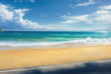Sunny beach scene with golden sand, gentle blue ocean waves, and a partly cloudy sky creating a calm and peaceful atmosphere