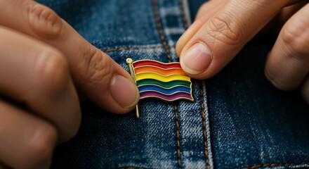 Close-up of a person's hands carefully pinning a small, colorful LGBTQ+ rainbow pride flag enamel pin onto the lapel of a blue denim jacket, symbolizing support and identity.