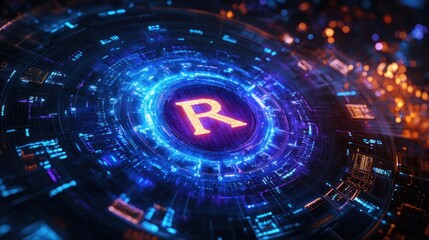 Futuristic glowing circular digital interface with a prominent orange letter R in the center surrounded by intricate blue and orange technological patterns