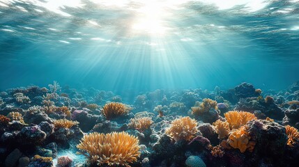 Underwater scene of vibrant coral reef illuminated by sunlight rays penetrating clear blue ocean water