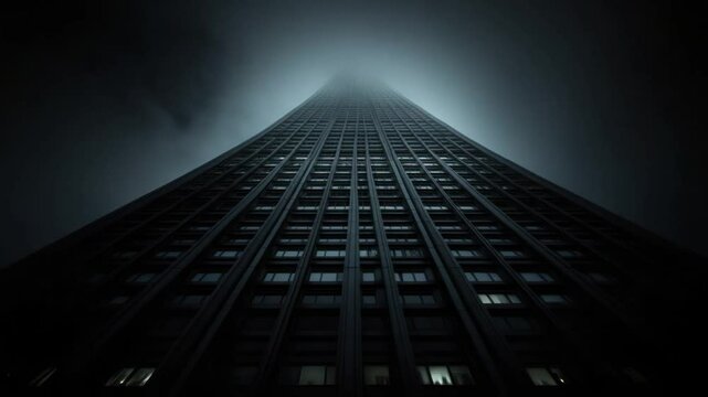 Towering Skyscraper Reaches Into Foggy Night Sky Creating an Atmospheric Urban Landscape