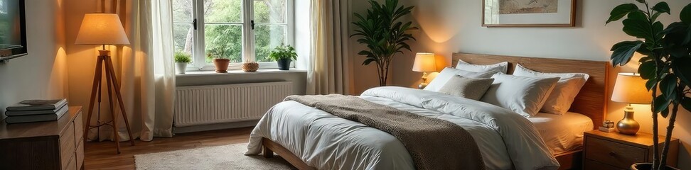 Serene bedroom interior, ideal for relaxation and restful sleep Soft lighting, plush bedding, and calming decor create a tranquil atmosphere perfect for a peaceful night's rest , decor, nightstand